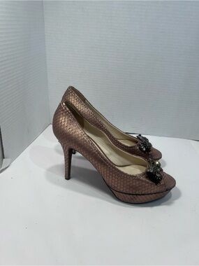 Vera Wang Lavender Label Rose Gold Textured Peep-Toe Heels with Jewel Accent